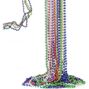 FAVONIR Colorful Assorted Beaded Necklace 24 Pack Of Metallic Round Mardi Gras Costume Necklace Accessory 33 Inch 7 mm– For Events And Party Favor Novelty