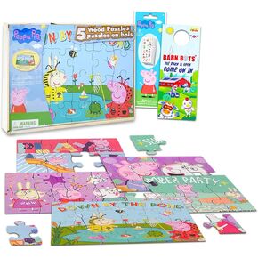 Peppa Pig Wooden Puzzle 5 Pack - Peppa Pig Wood Puzzles Bundle with Holding Tray Plus Peppa Pig Stickers and More | Peppa Pig Jigsaw Puzzles for Kids, Girls