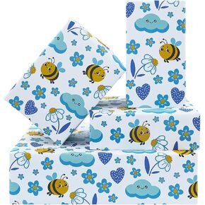 Bee Gift Wrapping Paper for Kids Girls Boys, Lovely Blue Designs Flowers Cloud Heart Bee Patterns, Spring Summer BumbleBee Folded Flat Gift Wrap Paper for Baby Shower Birthday Holiday Art Paper