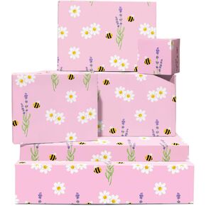 Central 23 Bee Wrapp Paper - استحمام الطفل - 6 صفائح من غلاف هدايا عيد الميلاد للفتيات - النحل والزهور - ورق التغليف الوردي - يأتي مع ملصقات