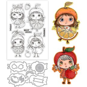 GLOBLELAND Fruit Sweetheart Clear Stamps and Metal Die Cuts Strawberry Apple Lady Transparent Stamp Orange Lemon Women Cutting Dies for Card Making Embossing Scrapbooking