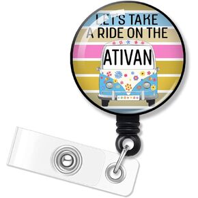 ERHACHAIJIA Let's Take A Ride On The Ativan Retractable Badge Holder with Alligator Clip for Nurses Doctors Hospice ICU ER Nurse Psych Nursing Anesthetist, Funny Flower Bus ID Badge Reel Gift