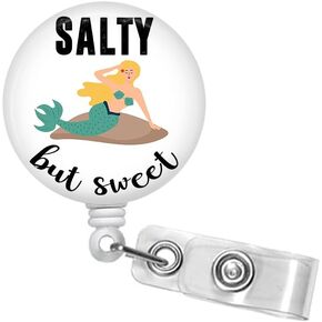 Salty But Sweet Mermaid Badge Reel - 1.5" Retractable ID Badge Holder - Lanyard - Carabiner - Stethoscope Name Tag - Mermaid ID Clip #447