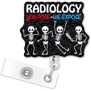 ERHACHAIJIA Radiology You Pose We Expose Retractable Black Glitter Badge Reel with Alligator Clip, Funny Halloween Skeleton ID Card Badge Holder Gift for Nurses Doctors X-Ray Orthopedics MD