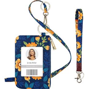Azrra ID Badge Holder with Lanyard, Fashion Lanyard Wallet with 1 Clear ID Window, Credit Cards Coins Cash Pouch with a Detachable Neck Lanyard and a Wrist Lanyard (Floral Navy Blue)