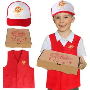 Yewong Kids Pizza Delivery Guy Costume Set - Red Pizza Hat Delivery Service Vest and Cardboard Pizza Box for Halloween Pizza Party Career Day Cosplay - 3 Pieces