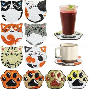 Cverny 10PCS Diamond Painting Coasters Set, 6Pcs Cat Diamond Art Coasters with 4Pcs Cat's Paw Coasters and Holder Sets, DIY Gem Art Coaster for Cat Lover Beginners Adults Craft Supplies Gifts