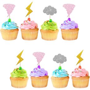 24PCS TORNADO CUPCAKE TOPPORS ، قبعات Cupcake Cupcake Lightning ، زخرفة كعكة الطقس اللامعة للاستحمام الطفل ، لوازم عيد ميلاد الفتاة 2nd /4th.
