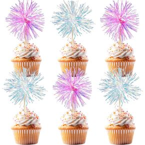 20 Pcs Colorful Firework Shape Cupcake Decorations, Sparkling Colorful Cake Decorations for Various Birthday Party, Anniversary Cake Pastry Decorations (White, Pink)