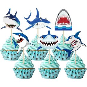 12 PCS Shark Cupcake Toppers Happy Birthday Cake Toppers Shark Ocean موضوع الحفلة اللوازم الأطفال مستلزمات حفلة عيد ميلاد الأطفال