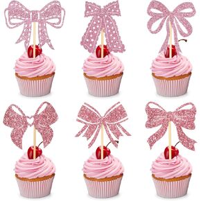 24pcs القوس الوردي القوس الكب كيك ، Coquette Cupcake Topcake بريق زخارف حفلة عيد ميلاد الوردي لحفلات الزفاف ، استحمام الأطفال ، حفلات العازبة