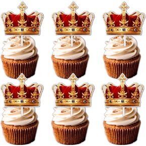 18pcs Gold Glitter Cupcake Topper for Crown King Men Theme Decor Supplies Male Daddy Father's Day Family Party Decorations