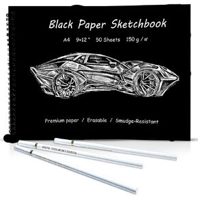 Vihibiscus Decor - Sketchbook للرسم - كراسة رسم ورقية أسود 9x12 بوصة مع 3 أقلام الفحم البيضاء - ورقة بناء سوداء سميكة للأقلام الملونة ، الطباشير ، قلم الجل - 50 ورقة