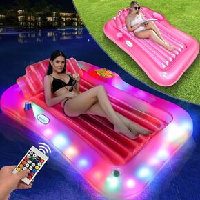 Inflatable Tanning Pool Lounger Float with Light Up Colorful Lights, 71" x 47" Pool Floats Adult with Pillow Cooler Tray, Battery-Powered Remote Suntan Tub Raft Floatie Bed for Water Kids Party Gift