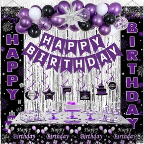 Black and Purple Birthday Decorations for Women Girls, Happy Birthday Decorations Purple and Silver Party Decoration, Happy Bday Banner Balloons Tablecover Fringe Curtain Door Banner, Bday Party Decor