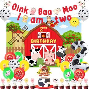 Jollyboom Farm Animal 2nd Birthday Party Decorations ، Oink Baa Moo I ark اثنين من زخارف الحفلات الخلفية لافتة الكعك كب كيك أعلى بقرة طباعة 2 بالون فتوه