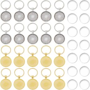 DICOSMETIC 20 Sets Golden Cabochon Keychain Kit Alloy Round Bezel Pendant 25mm Trays Charms with Glass Cabochon 5.8cm DIY Cabochon Keychain for Photo Resin Personalized Crafting