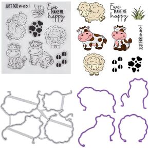 Craspire Farm Animals Cow Cow Sheep Rapber Stamp و Metal Cutting Die Set Stramprent Silicone Stamps Carbon Steel Cuts String Stency لصنع البطاقات في اليومية DIY Scrapbooking الصور المصنوعة يدويًا