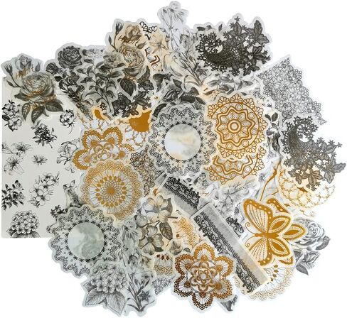 Vintage Washi Sticker Set Hot Stamping Stickers Black and White Rose Flower Butterfly Adhesive Sticker for Scrapbooking Journaling Art Caft Planner Journals Letter Diary Album in Saudi Arabia