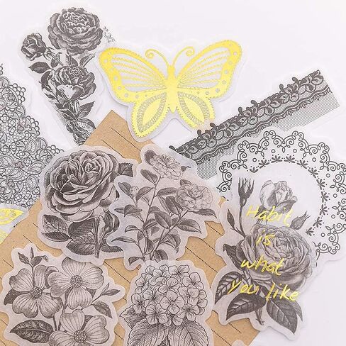 Vintage Washi Sticker Set Hot Stamping Stickers Black and White Rose Flower Butterfly Adhesive Sticker for Scrapbooking Journaling Art Caft Planner Journals Letter Diary Album in Saudi Arabia