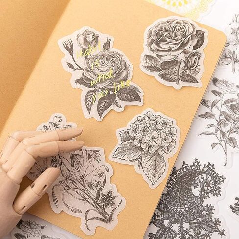 Vintage Washi Sticker Set Hot Stamping Stickers Black and White Rose Flower Butterfly Adhesive Sticker for Scrapbooking Journaling Art Caft Planner Journals Letter Diary Album in Saudi Arabia