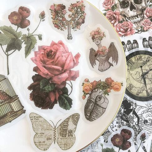 Vintage Washi Sticker Set Hot Stamping Stickers Black and White Rose Flower Butterfly Adhesive Sticker for Scrapbooking Journaling Art Caft Planner Journals Letter Diary Album in Saudi Arabia