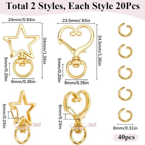 1 Box 40Pcs Heart Swivel Keychain Clasp Star Keychain Clip Bulk Metal Lobster Claw Alloy Gold Spring Snap Hook Hanging Buckle Key Ring Findings for Handmade Keychains Lanyards Bags DIY Crafts in Saudi Arabia
