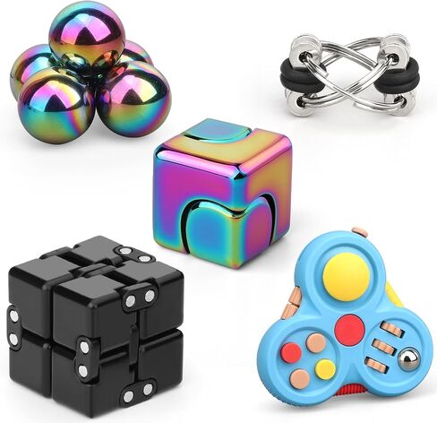 Fidget Toys Set for Kids Adults, Sensory Pack with Fidget Chain, Infinity Cube, Fidget Spinner Cube, Metal Orb Sphere, Fidget Pad, Office Desk Gadget, Christmas Stocking Stuffer Birthday Gift 5 Pack in Kuwait