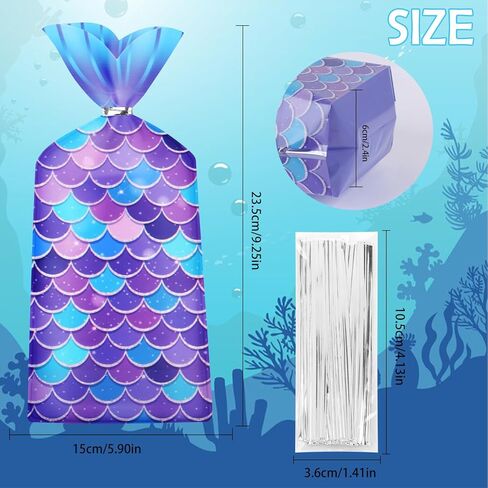 Liyde 100 Pack Mermaid Party Party - محيطات سحرية ذات طابع سحري أكياس البلاستيك الأكياس الصالحة الملونة لحزب الحفل (الأزرق) in Kuwait