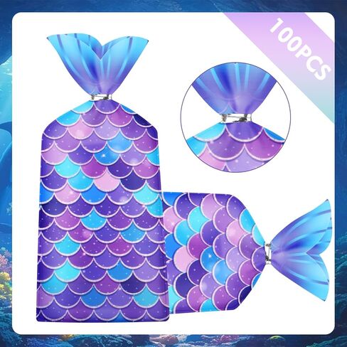 Liyde 100 Pack Mermaid Party Party - محيطات سحرية ذات طابع سحري أكياس البلاستيك الأكياس الصالحة الملونة لحزب الحفل (الأزرق) in Kuwait