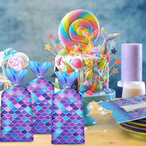 Liyde 100 Pack Mermaid Party Party - محيطات سحرية ذات طابع سحري أكياس البلاستيك الأكياس الصالحة الملونة لحزب الحفل (الأزرق) in Kuwait