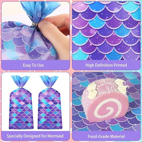 Liyde 100 Pack Mermaid Party Party - محيطات سحرية ذات طابع سحري أكياس البلاستيك الأكياس الصالحة الملونة لحزب الحفل (الأزرق) in Kuwait