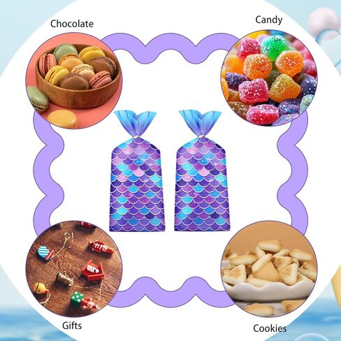 Liyde 100 Pack Mermaid Party Party - محيطات سحرية ذات طابع سحري أكياس البلاستيك الأكياس الصالحة الملونة لحزب الحفل (الأزرق) in Kuwait