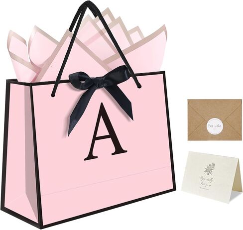 QLSKO Initial Gift Bag set with Bow Ribbon Personalized Horizontal Paper Bag Monogrammed Birthday Gifts for Women Men (A-Small) in Saudi Arabia