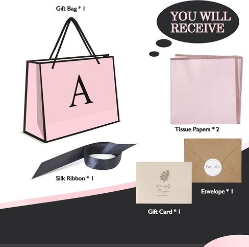 QLSKO Initial Gift Bag set with Bow Ribbon Personalized Horizontal Paper Bag Monogrammed Birthday Gifts for Women Men (A-Small) in Saudi Arabia