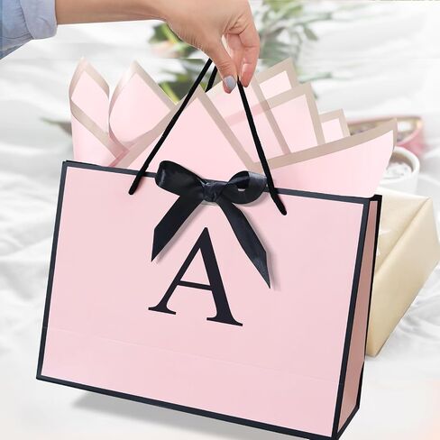 QLSKO Initial Gift Bag set with Bow Ribbon Personalized Horizontal Paper Bag Monogrammed Birthday Gifts for Women Men (A-Small) in Saudi Arabia