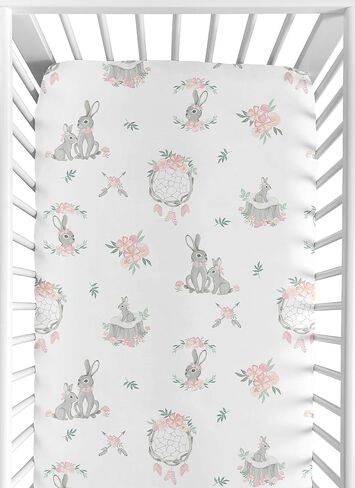 Sweet Jojo Designs Woodland Bunny Floral Girl Fitted Crib Sheet Baby or Toddler Bed Nursery Photo Op - Blush Pink and Grey Boho Watercolor Rose Flower Forest in Saudi Arabia