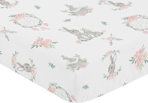 Sweet Jojo Designs Woodland Bunny Floral Girl Fitted Crib Sheet Baby or Toddler Bed Nursery Photo Op - Blush Pink and Grey Boho Watercolor Rose Flower Forest in Saudi Arabia