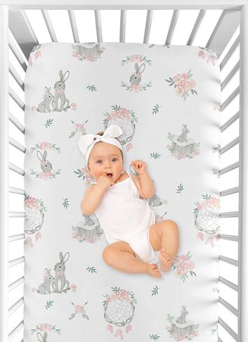 Sweet Jojo Designs Woodland Bunny Floral Girl Fitted Crib Sheet Baby or Toddler Bed Nursery Photo Op - Blush Pink and Grey Boho Watercolor Rose Flower Forest in Saudi Arabia
