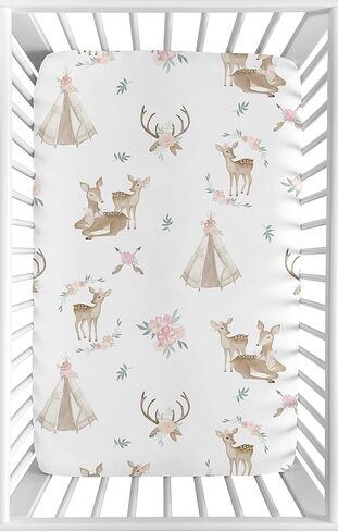 Sweet Jojo Designs Woodland Bunny Floral Girl Fitted Crib Sheet Baby or Toddler Bed Nursery Photo Op - Blush Pink and Grey Boho Watercolor Rose Flower Forest in Saudi Arabia