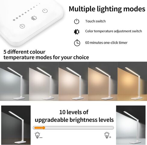 LQWELL® LED Desk Lamp Dimmable Metal Material, 5 Colors and 10 Brightness Levels, Eye-Friendly Bedside Lamp with USB Charging, Touch Control & Memory Function, for Children, Office in Saudi Arabia