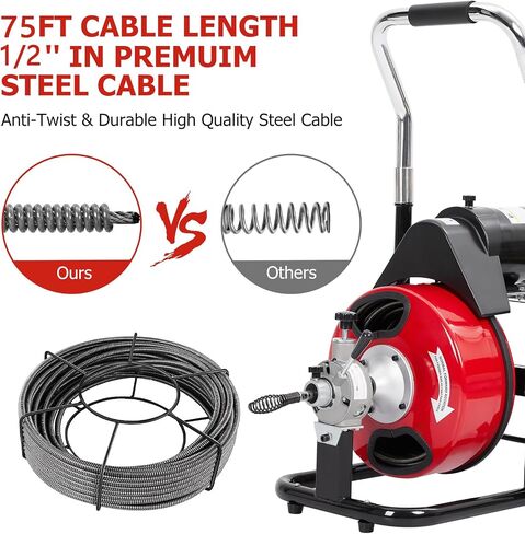Drain Cleaning 50FT 3/8inch Solution with 50 Ft Electric Drain Auger - Automatic Operation, Portable Design, 4 Cutters Included, Foot Switch Control, and Ideal for 1 to 4 Inch Pipes. in Saudi Arabia