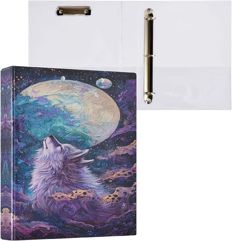 Galaxy Wolf Moon Round Ring Binders 1.5 Inch Space Planet Stars Purple 3 Ring Clipboard Binder for Office School Work Supplies File Folder Document 200 Sheet Capacity Easy Open in Saudi Arabia