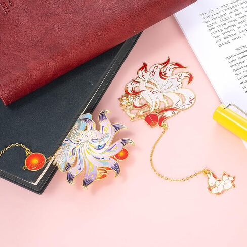 2 PCS Anime Bookmarks, Kitsune Cool Bookmarks, Cute Metal Funny Unique Fox Bookmark Book Lovers Tracker for Teacher Student Women Mother's Day Christmas New Year Birthday Gift in Kuwait