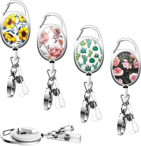 YoungRich 4PCS Retractable Badge Holders with Carabiner Alligator Clip Cute Floral Cactus Design Keychain Reel for Nurse Women 27 Inch Steel Wire Rope Key Ring Holder Heavy Duty 24 KG in Saudi Arabia
