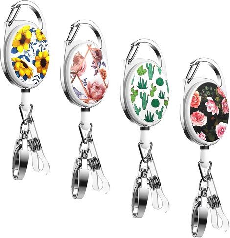 YoungRich 4PCS Retractable Badge Holders with Carabiner Alligator Clip Cute Floral Cactus Design Keychain Reel for Nurse Women 27 Inch Steel Wire Rope Key Ring Holder Heavy Duty 24 KG in Saudi Arabia