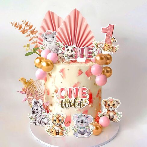 40 PCS Safari Animal Cake Toppers Two Wild 2nd Birthday Girl Baby Shower Safari Jungle Cake Decorations Pink Zoo Wild Animal Cake Topper Party Supplies in Kuwait