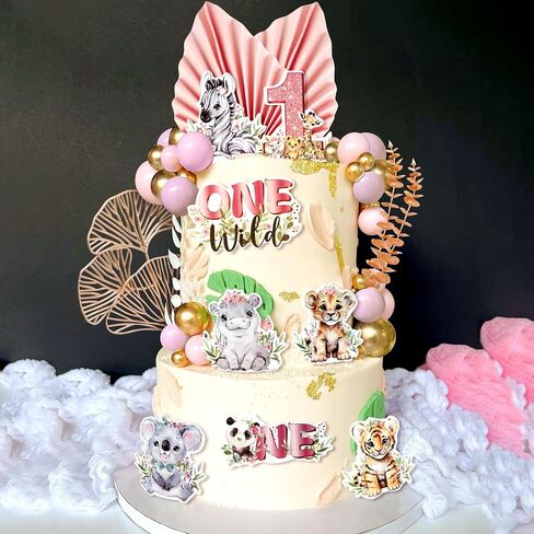 40 PCS Safari Animal Cake Toppers Two Wild 2nd Birthday Girl Baby Shower Safari Jungle Cake Decorations Pink Zoo Wild Animal Cake Topper Party Supplies in Kuwait