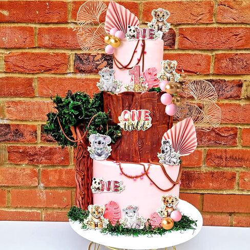 40 PCS Safari Animal Cake Toppers Two Wild 2nd Birthday Girl Baby Shower Safari Jungle Cake Decorations Pink Zoo Wild Animal Cake Topper Party Supplies in Kuwait