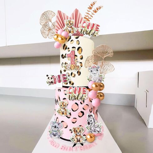 40 PCS Safari Animal Cake Toppers Two Wild 2nd Birthday Girl Baby Shower Safari Jungle Cake Decorations Pink Zoo Wild Animal Cake Topper Party Supplies in Kuwait